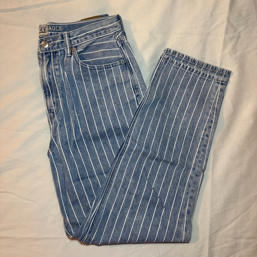 American Eagle Outfitters Women’s Blue and White Striped Mom Jeans
